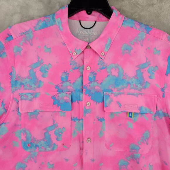 Chubbies Mens Large Friday BreezeTech Short Sleeve Performance Shirt Pink Tiedye - Picture 2 of 8